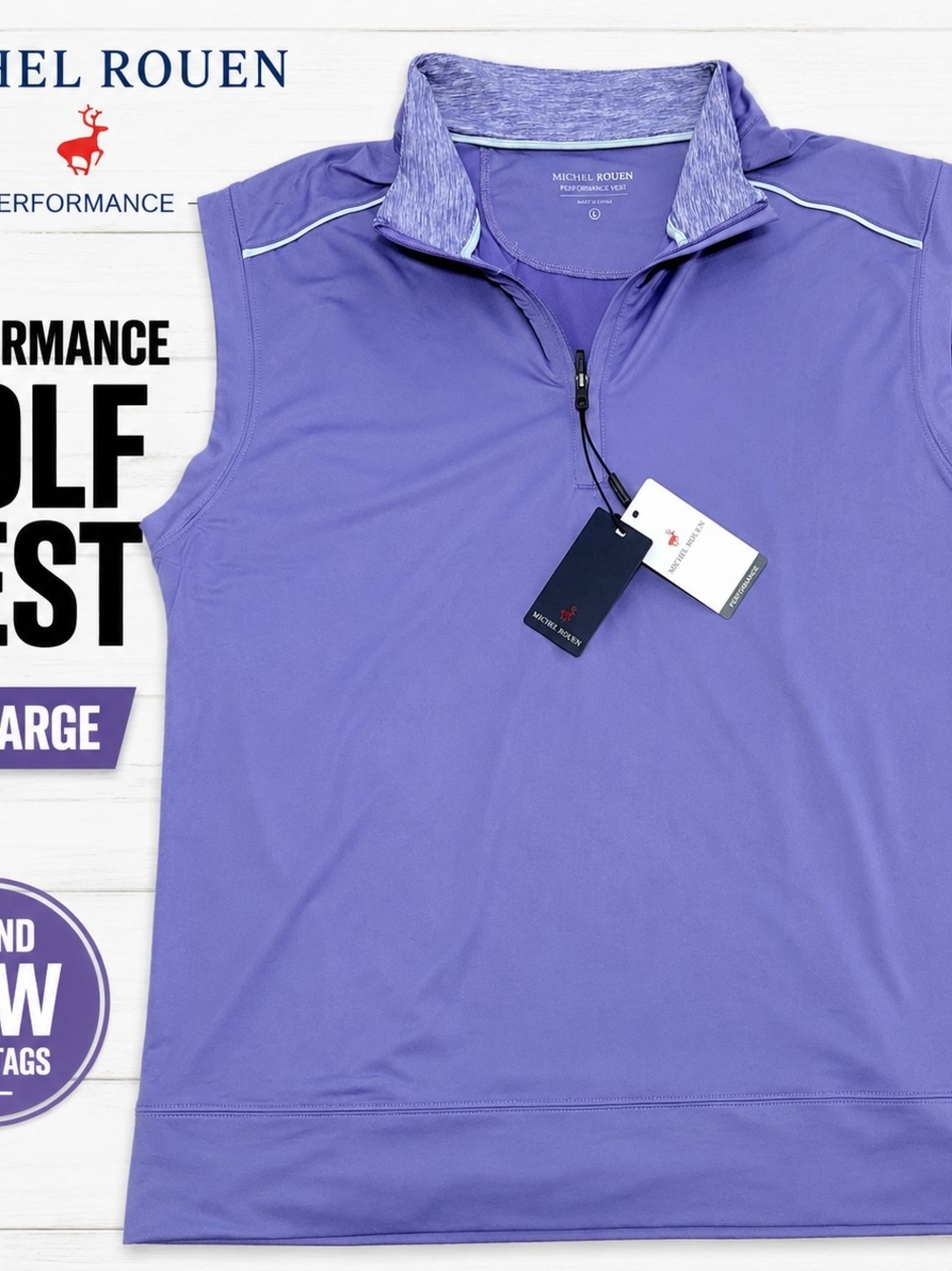 Michel Rouen Performance Golf Vest Mens Large Purple 1/4 Zip NWT UPF Stretch
